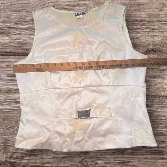 Vintage Ivory Floral Satin Sleeveless Top Belted Accent Side Zip Closure - Picture 5 of 8